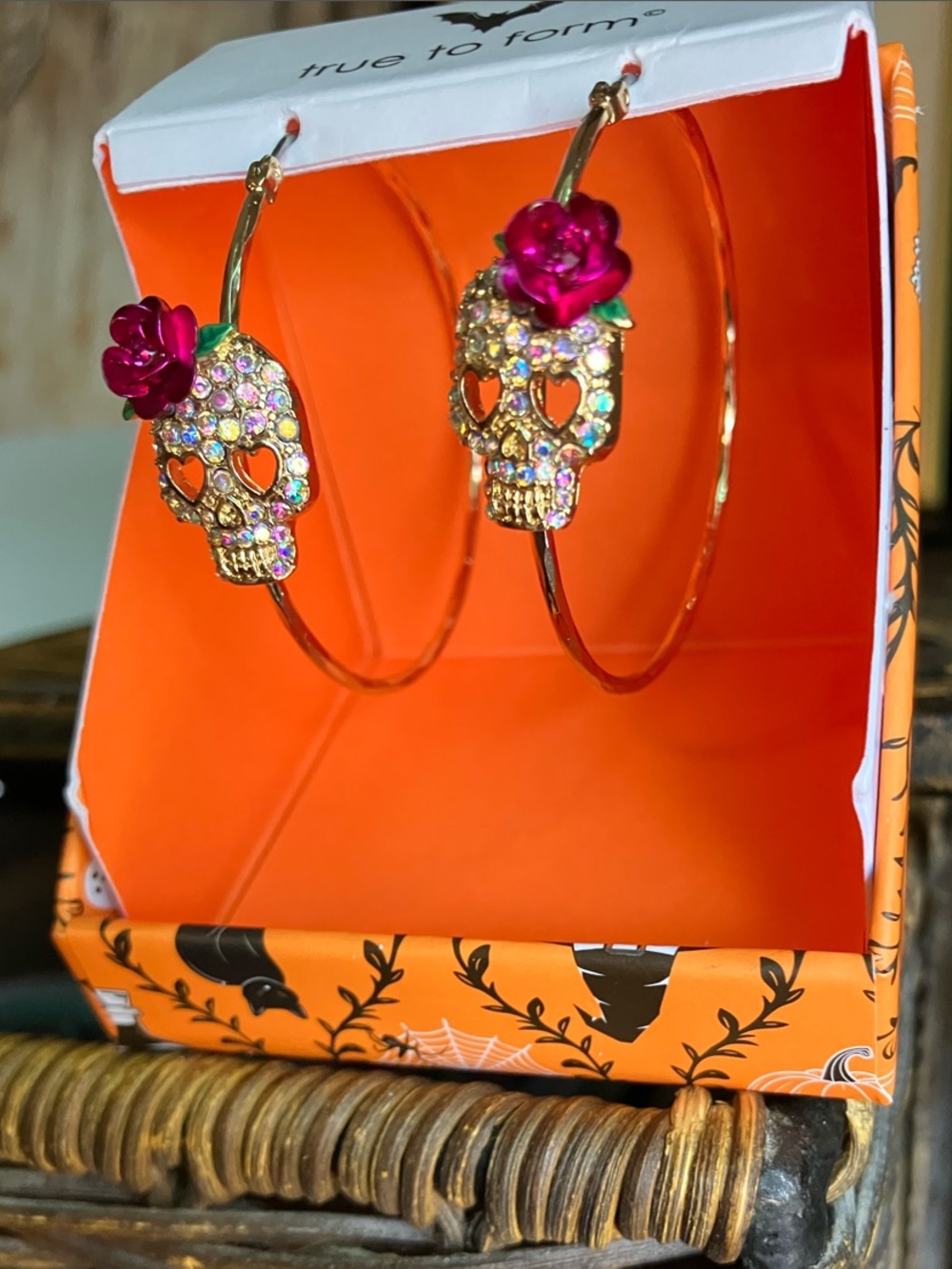 Gold-Tone Skull Hoop Earrings W/Rose Accents, Perfect for this time&FREE GIFTS!